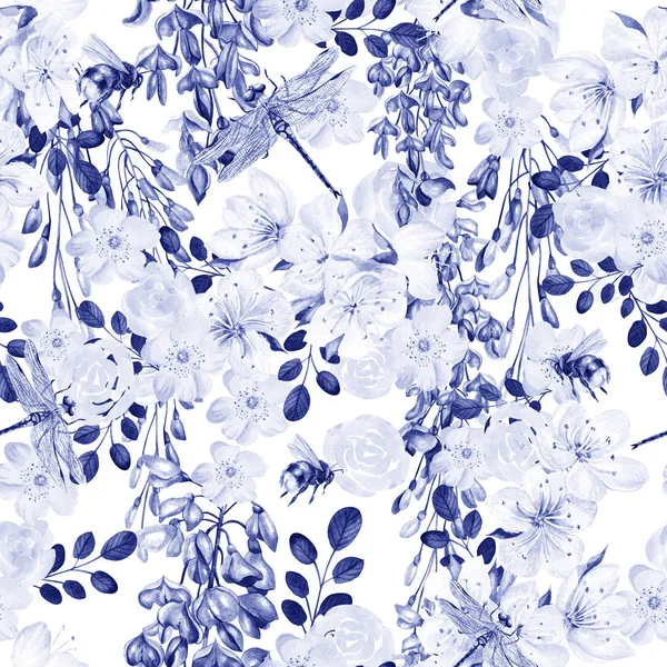 Beautiful watercolor pattern with wisteria and spring flowers. — Stock Photo, Image