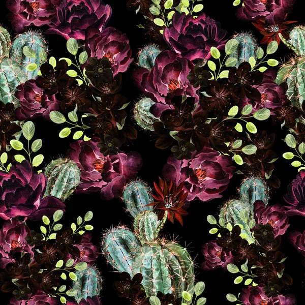 Güzel suluboya parlak desen şakayık ve cuctus ile. 