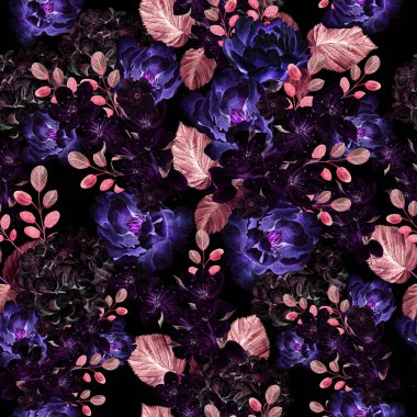 Şakayık, hudrangea ve bahar çiçekleri ile güzel suluboya parlak desen.