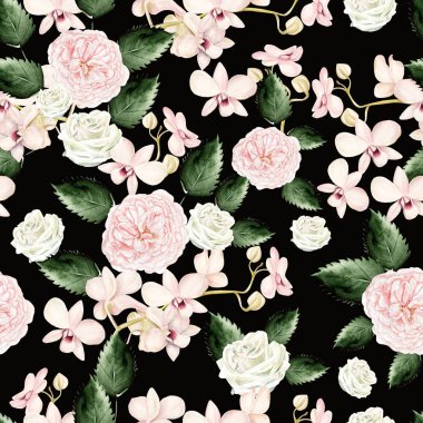 Sulu boya yeşil yaprakları, gül ve orkide çiçek desenle. 