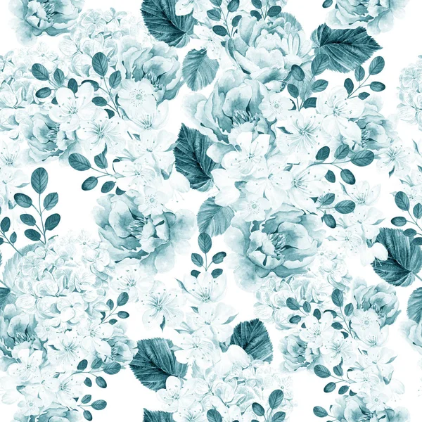 Beautiful watercolor bright pattern with peony, hudrangea and spring  flowers. — Stock Photo, Image