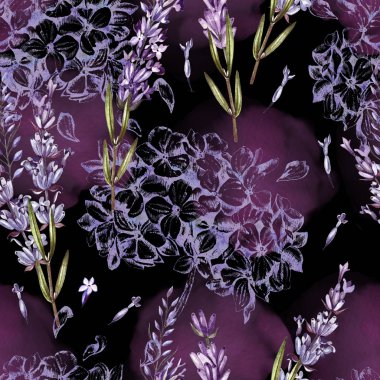 Gül, lavanta, hudrangea çiçekler ile güzel suluboya desen. 