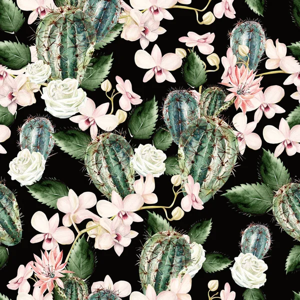 サボテン、バラ、蘭の花を水彩画のパターン . — ストック写真