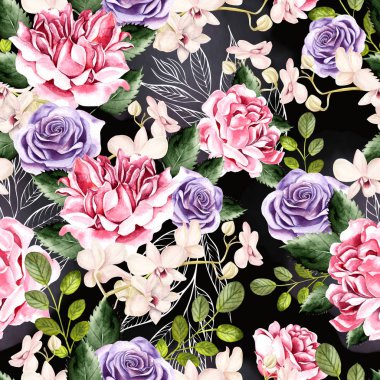 Sulu boya yeşil yaprakları, gül ve orkide çiçek desenle.