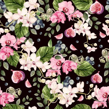 Güzel suluboya parlak desen orkide çiçekler ve yaban mersini çilek, incir meyve ile. 