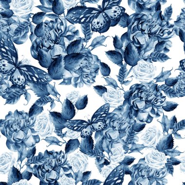 Sulu boya yeşil yaprakları, şakayık ve güller çiçek desenle.