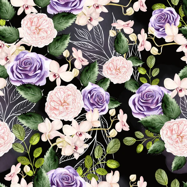 Watercolor pattern with green leaves, rose and orchids flowers.