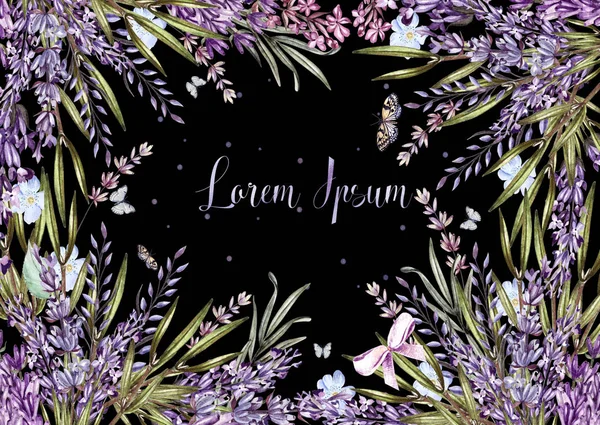 Vacker akvarell kort med lavendel blommor och växter. — Stockfoto