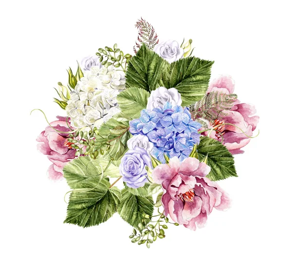 Wunderschöner Aquarellstrauß mit Pfingstrosen und Hortensien Blumen und Rosen. — Stockfoto