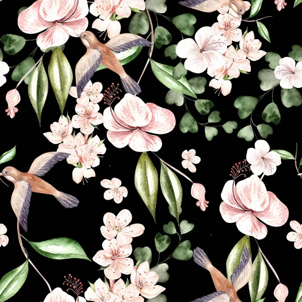 Watercolor pattern with spring flowers, eucalyptus leaves and birds. — Stock Photo, Image