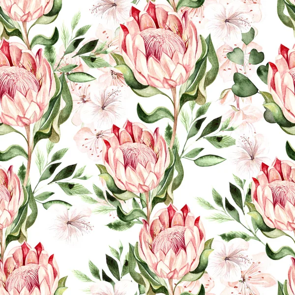 Aquarel tropische patroon met hibiscus en protea bloemen. — Stockfoto