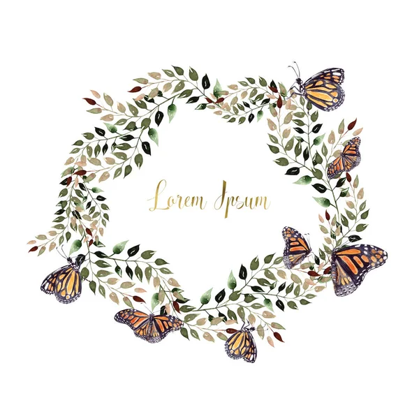 Beautiful Watercolor wreath with butterfly and leaves. — Stock Photo, Image