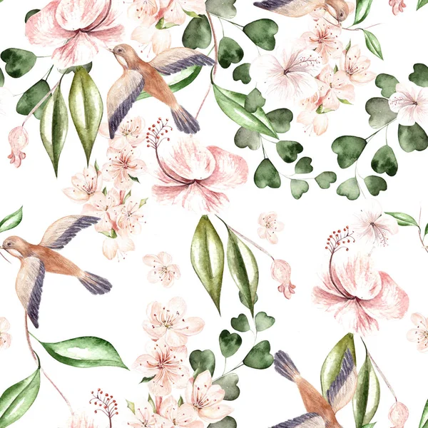 Watercolor pattern with spring flowers, eucalyptus leaves and birds. — Stock Photo, Image