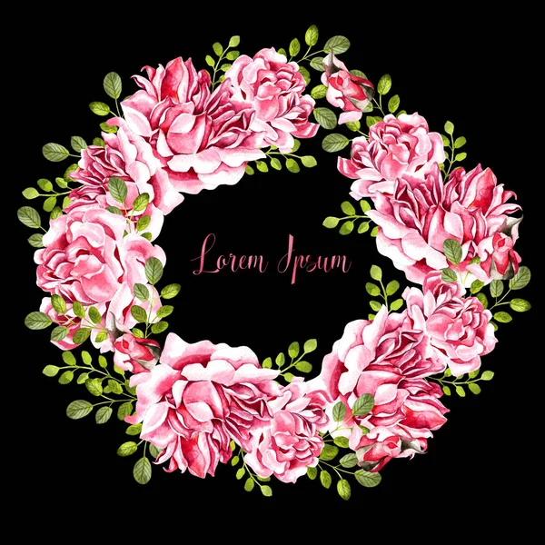 Акварельний тропічний вінок з піоновидними квітами та трояндами, листя евкаліпта. Ілюстрація — стокове фото