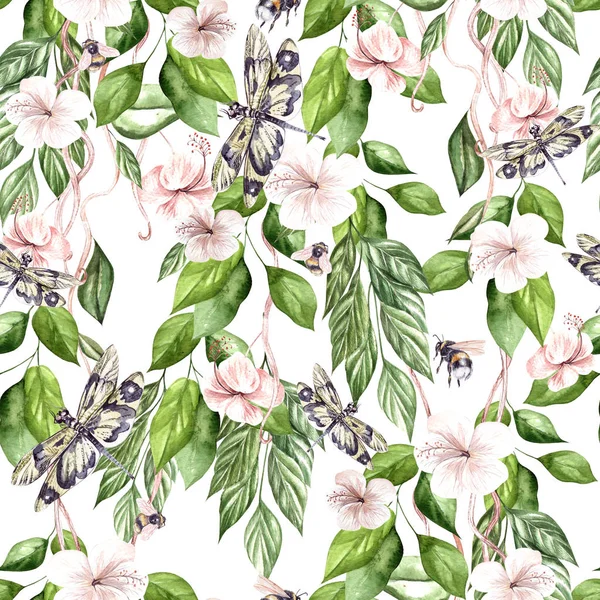 Watercolor tropical pattern with hibiscus flowers and green leaves. Bee and drfagonfly. — Stock Photo, Image