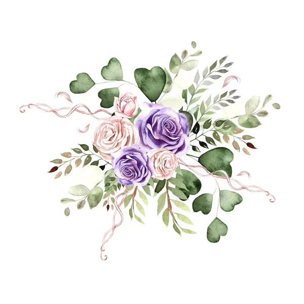 Buquê de aquarela com flores de rosas e folhas de eucalipto . — Fotografia de Stock
