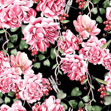 Sulu boya desen gül ve Şakayık Çiçeği, frenk üzümü çilek ve Okaliptüs yaprakları. 