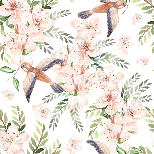 Watercolor pattern with spring flowers, eucalyptus leaves and birds . — Stock Photo, Image