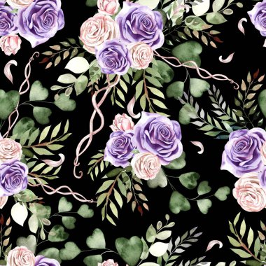 Gül çiçek ve Okaliptüs yaprakları ile suluboya desen.