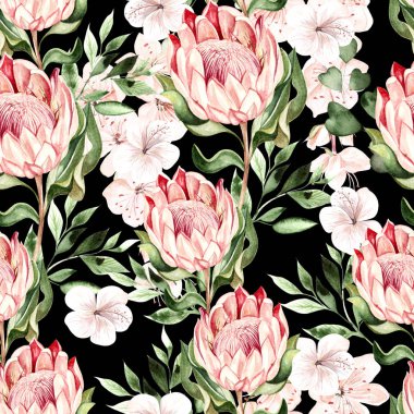 Ebegümeci ve protea çiçeklerle suluboya tropikal desen.