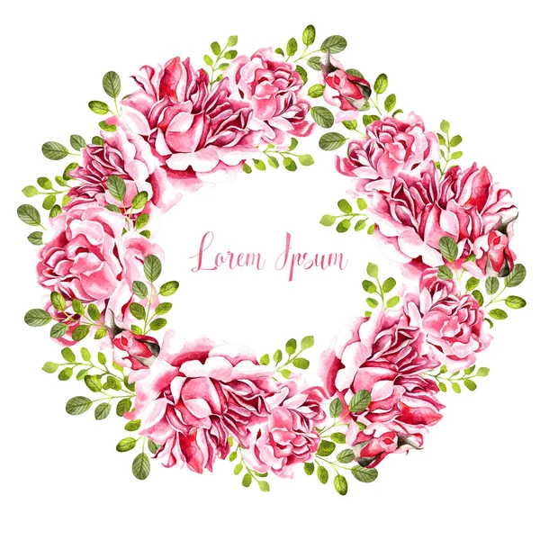 Watercolor tropical wreath with peony flowers and roses, eucalyptus leaves. Illustration — Stock Photo, Image