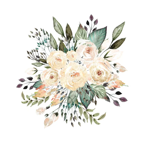 Beautiful  watercolor wedding bouquet with roses and eucalyptus, leaves. — Stock Photo, Image