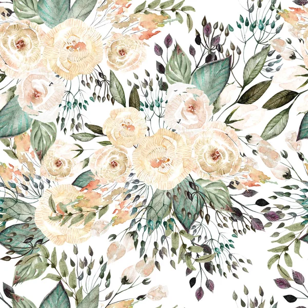 Beautiful watercolor wedding pattern with leaves and rose. — Stock Photo, Image