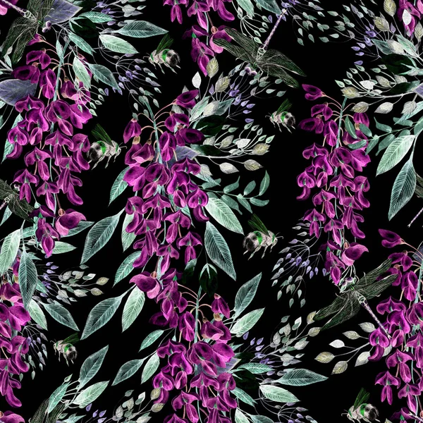 Krásný vzor akvarel wisteria a hmyzu. — Stock fotografie
