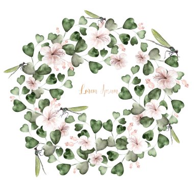 Hibiscus çiçek ile suluboya tropikal çelenk, okaliptüs yaprakları, Yusufçuk. İllüstrasyon