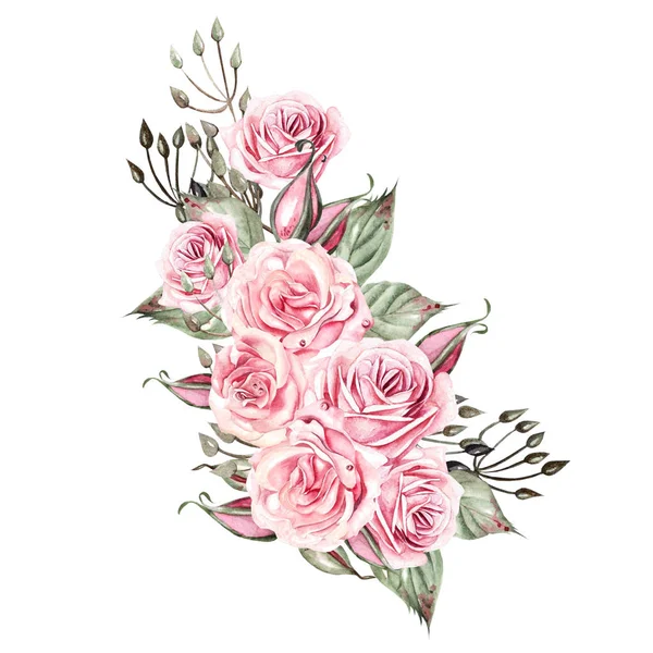 美丽的水彩画婚礼花束与粉红色的玫瑰和桉树 — 图库照片