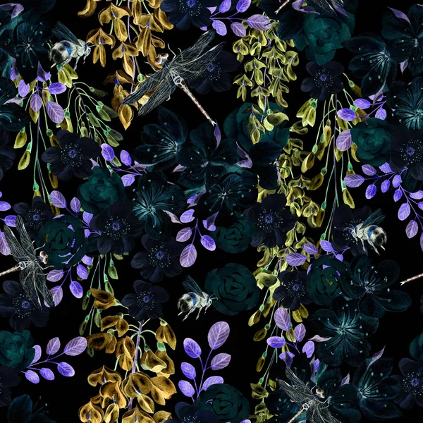 Wunderschönes Aquarellmuster mit Glyzinien und Frühlingsblumen. — Stockfoto