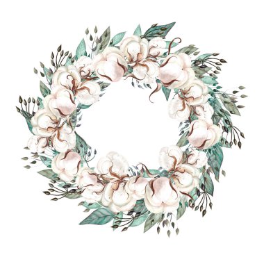 Okaliptüs, pamuk ve yaprakları güzel suluboya düğün çelengi. 