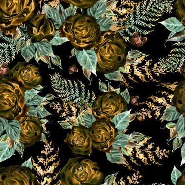 Güzel suluboya düğün desen fern ve rose ile. 