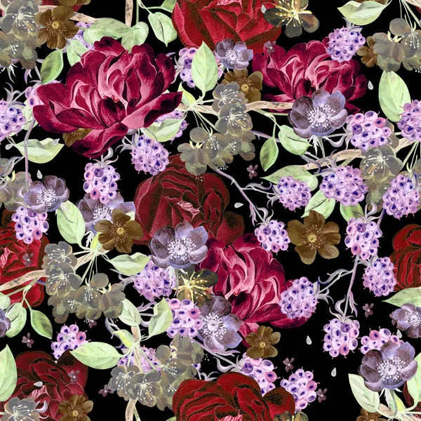 Vacker akvarell våren mönster med blackberry och blommor anemone, pion. — Stockfoto