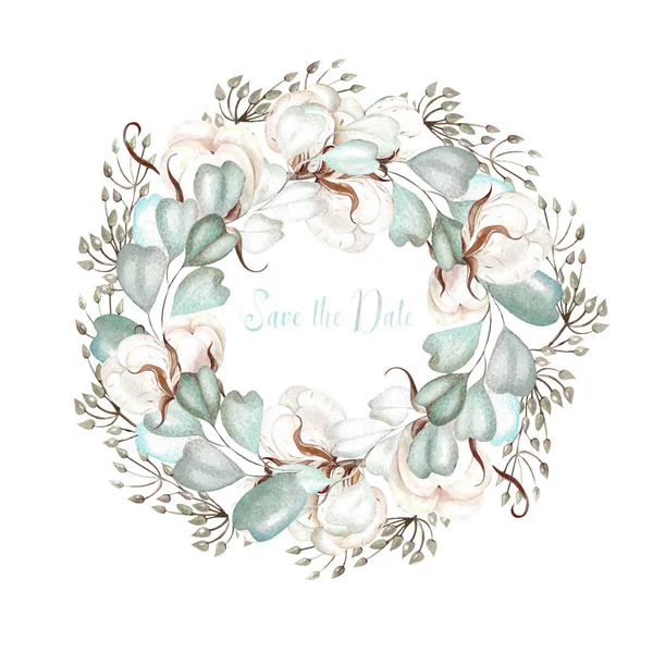 Beautiful  watercolor wedding wreath with cotton, eucalyptus   and leaves. — Stock Photo, Image