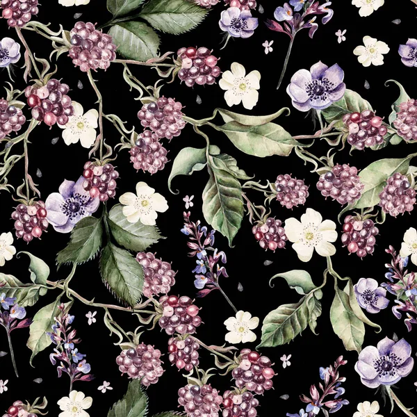 Prachtige aquarel voorjaar patroon met blackberry en bloemen anemone, lavendel. — Stockfoto