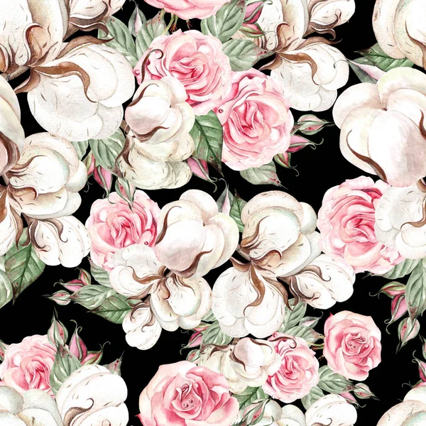 Beautiful watercolor wedding pattern with cotton and rose. Illustration — Stock Photo, Image