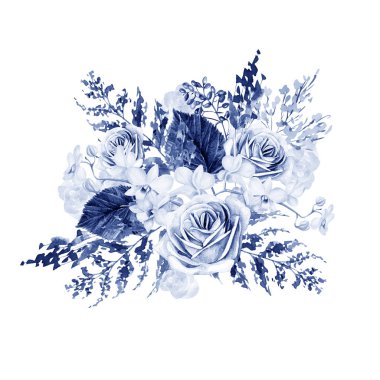 Güzel suluboya düğün buket gül, orkide ve eğrelti. 