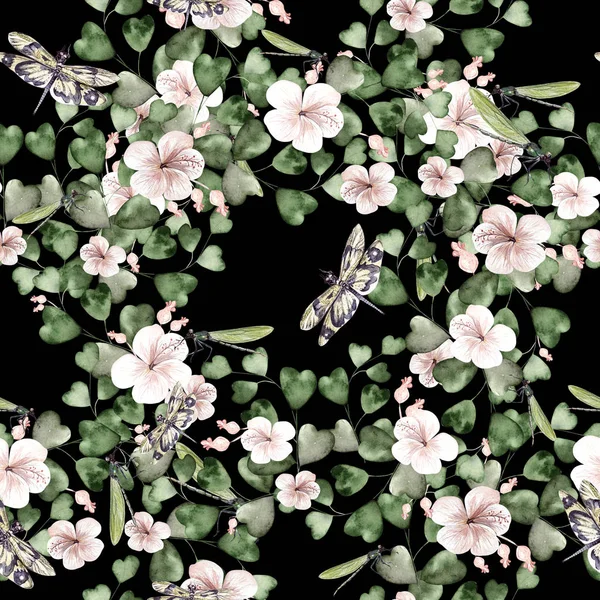 Aquarell tropisches Muster mit Hibiskusblüten, Eukalyptusblättern und Libelle. — Stockfoto