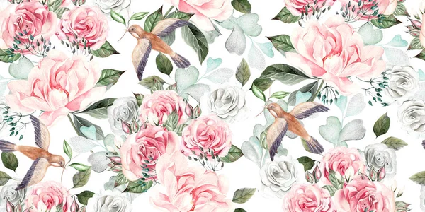 Beautiful watercolor seamless wedding pattern with eucaluptys, peony and rose. — Stock Photo, Image