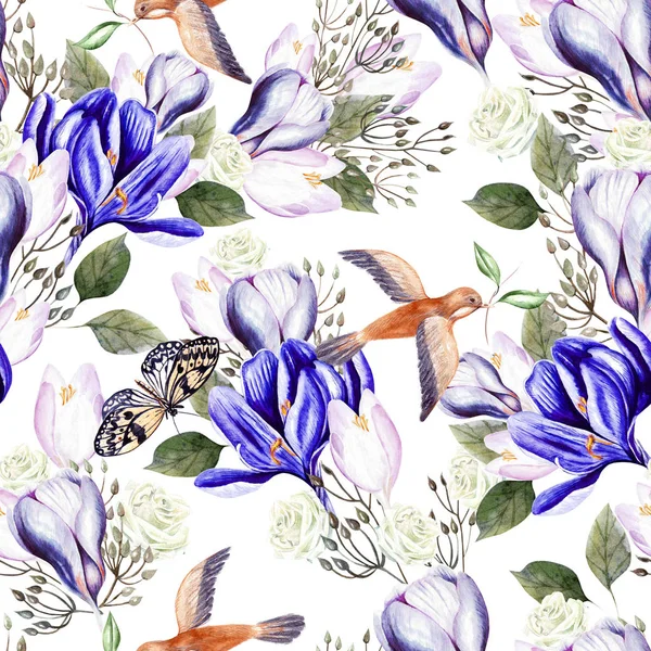 Beau motif de mariage sans couture aquarelle avec eucaluptys, crocus et papillon . — Photo