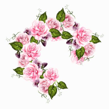 Gül ve menekşe çiçekleri ile güzel suluboya düğün çelenk.