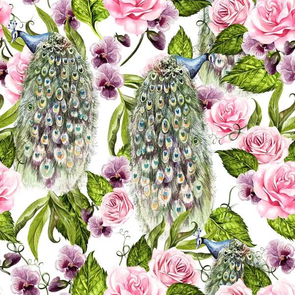 보라색과 장미 꽃, 공작 새와 밝은 수채화 원활한 패턴. — 스톡 사진