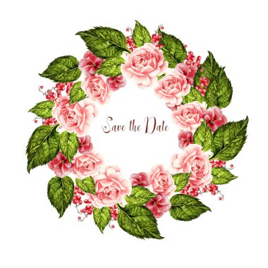 Yeşil yaprakları, gül, menekşe ve kuş üzümü ile güzel düğün wreth. 