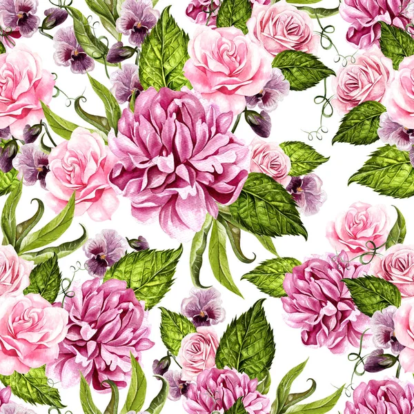 Bright watercolor seamless pattern with peony, roses and violet flowers. 