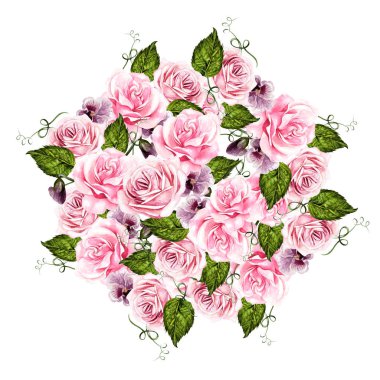 Gül ve menekşe çiçekleri ile güzel suluboya düğün buketi. 