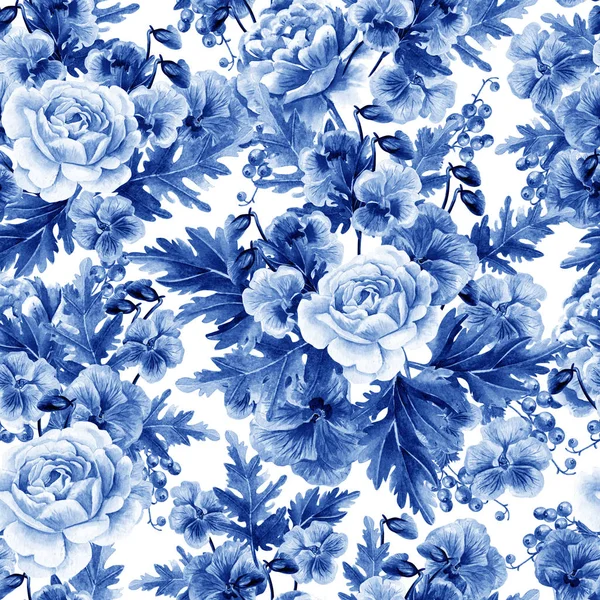 Bright watercolor seamless pattern with peony, roses and violet flowers, berries. 