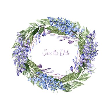Wisteria ve kardelen çiçekleri ile güzel suluboya çelenk.