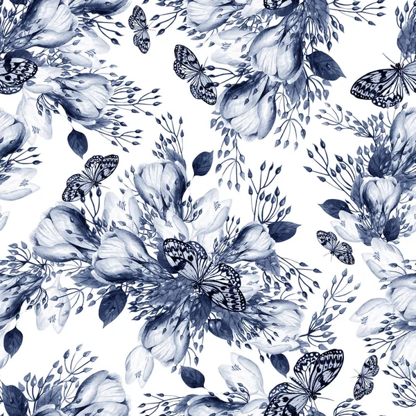 Beautiful watercolor seamless wedding pattern with eucaluptys, crocus and butterfly. — Stock Photo, Image