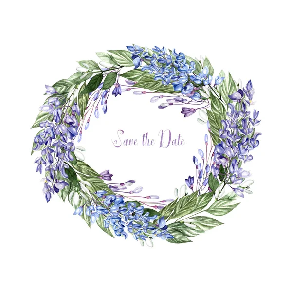 Beautiful watercolor wreath  with flowers of wisteria and snowdrops. — Stock Photo, Image